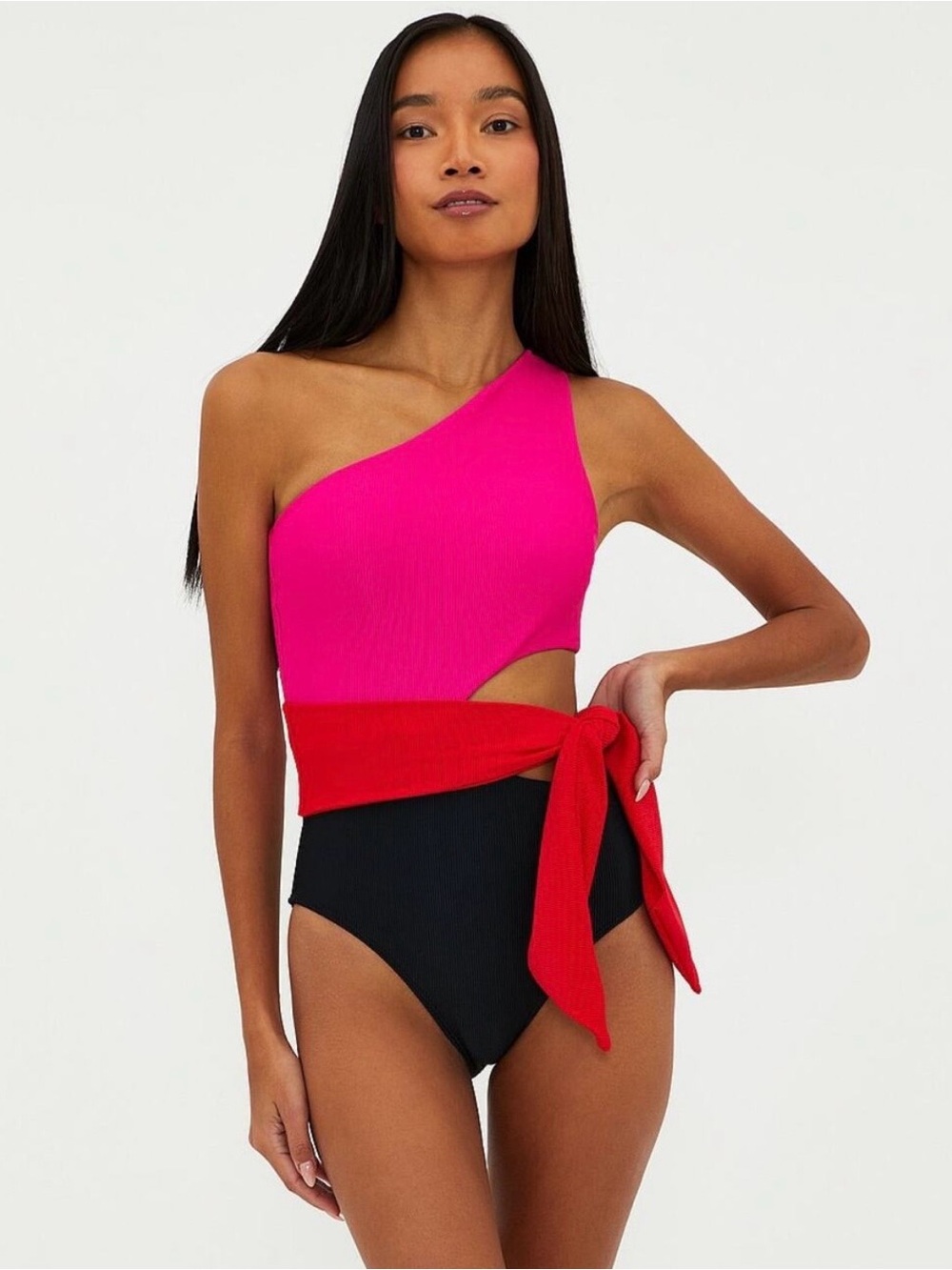 Beach Riot One-Shoulder Colorblock Swimsuit in Hot Pink, Red & Black